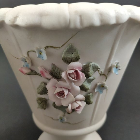 Japan L'Amour China Vases Set of 2, VTG Ceramic Planters Applied Flowers 6" - Picture 4 of 12